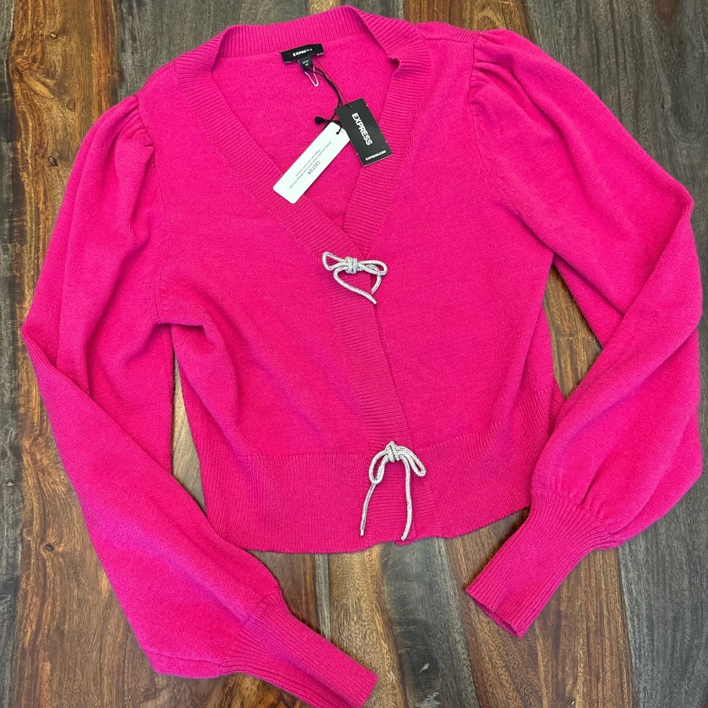 Express Hott Pink Bow Sparkle Cardigan